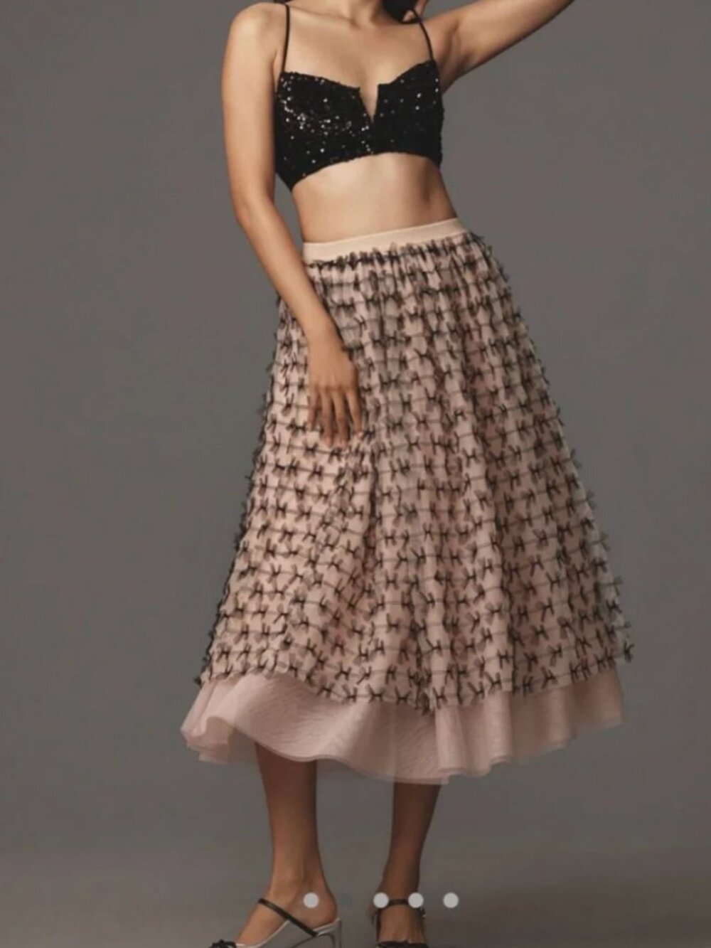 Maeve Anthropologie Bow Tulle Midi Skirt Blush Pink Black Elastic Waist NWOT XXS